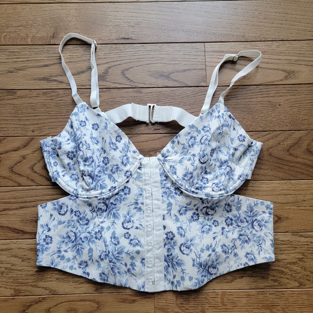 GARAGE Longline Bra Blue White Floral P/S Underwired Adjustable Straps Hook Eye
